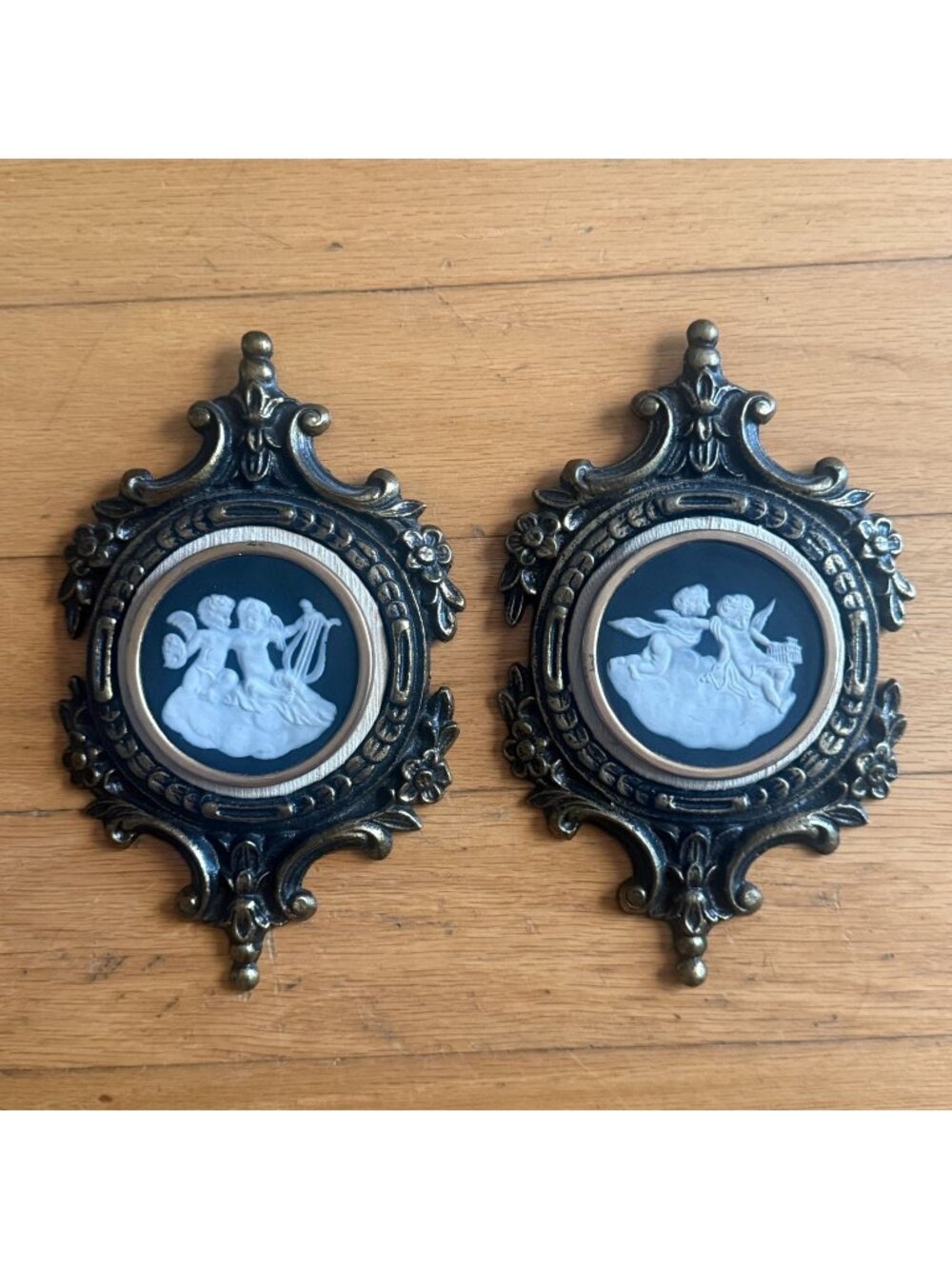Limoges Cherub, Pate Sur Pate Wall Plaques, Set 2,- Elegant Ornate Metal Frames,